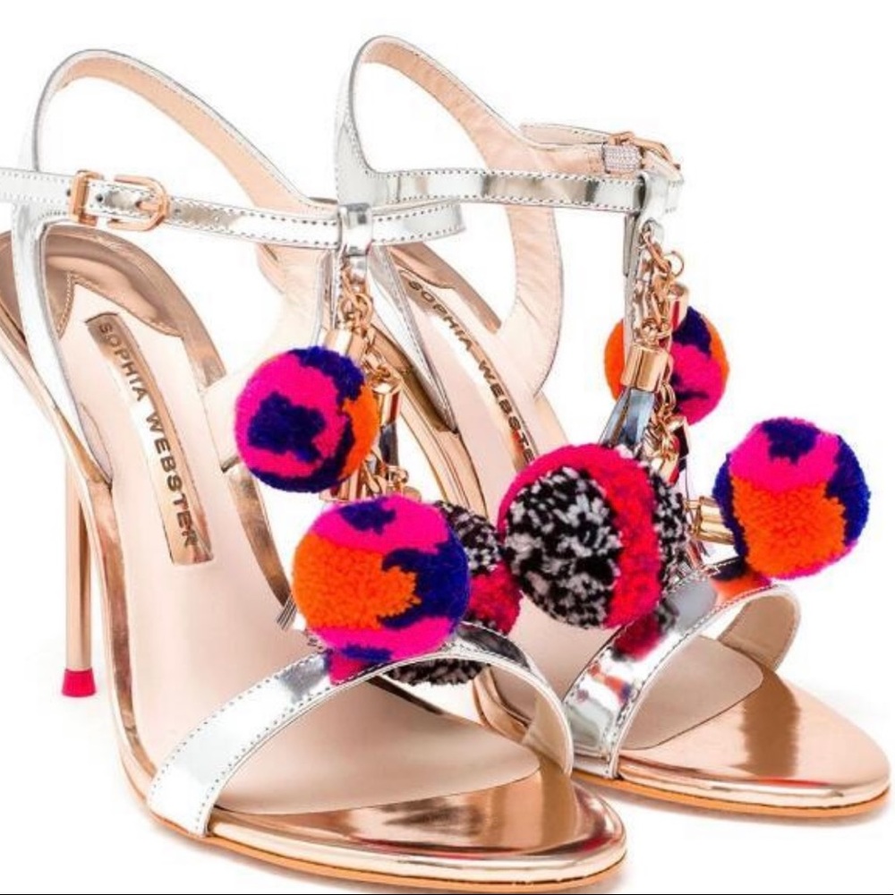 Sophia Webster Silver Metallic Heels with Multicolor Pom Poms